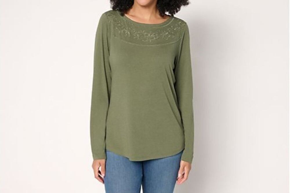 Denim & Co 1X Dark Olive Drapey Cotton Embroidered Boat Neck Top A713435 NWOT